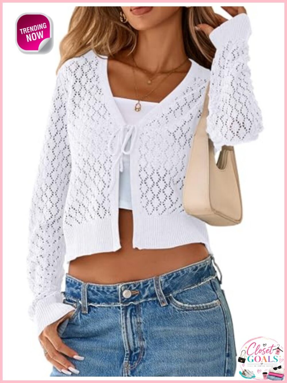 Cropped Crochet Shrug Cardigan Tie Front Long Sleeve Open Knit Bolero